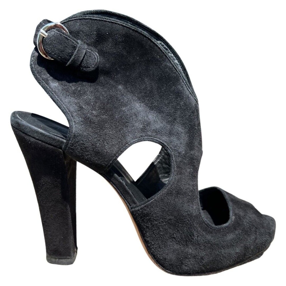 Rebecca Minkoff Demure Toe Suede Bootie High Heel Peep Size 7.5 EU 37.5 Black - Picture 2 of 11